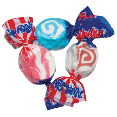 Taffy Town Stars and Stripes Taffy – Seasonal Salt Water Taffy for Independence Day, featuring red, white, and blue wrapped taffy pieces in patriotic-themed packaging for July 4th celebrations.